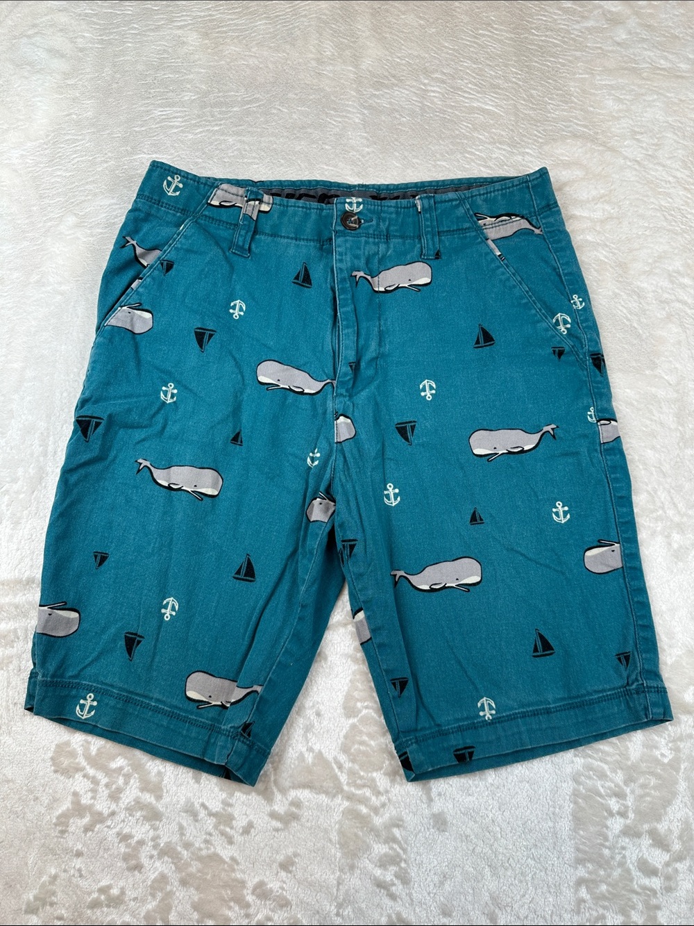 Plugg Flex Size 29 Teal Whale Patterned Flat-Front Shorts | Casual | Beach